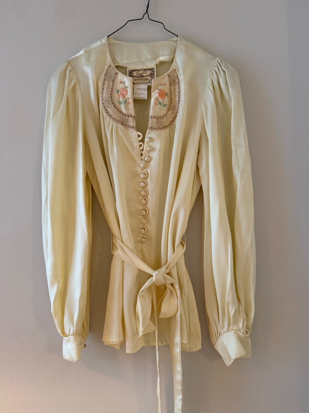 Gunne Sax Cream Satin Blouse with Embroidered Yoke and Self-Tie Waist